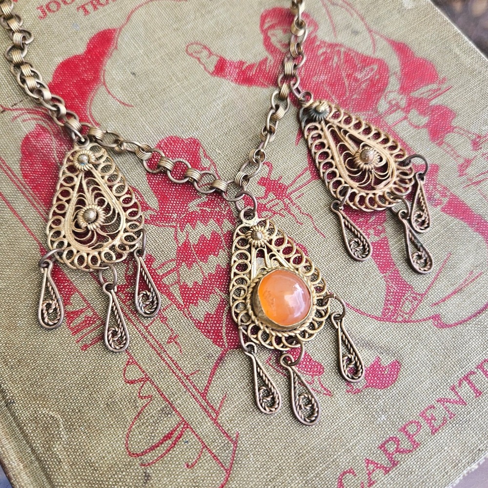 Vintage Brass Filigree Teardrop Pendant Necklace Orange Cabochon Dangle Charms